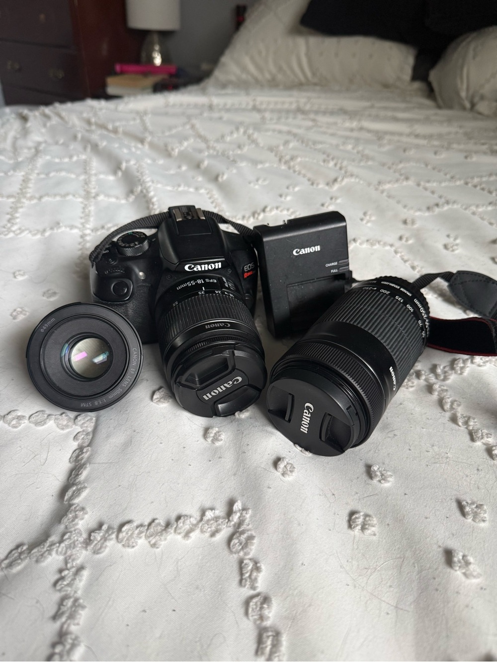 Canon Black DSLR Camera with Two Interchangeable Lenses and Charger